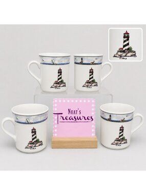 Totally Today COASTAL LIGHTHOUSE Center & Rim Stoneware 8 oz Cups Mugs Set of 4